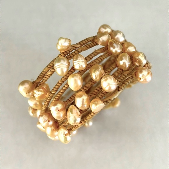 faux pearl light brown cotton rope adjustable cuff bracelet - Picture 1 of 9